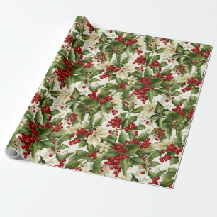 Holly and Poinsettias Wrapping Paper