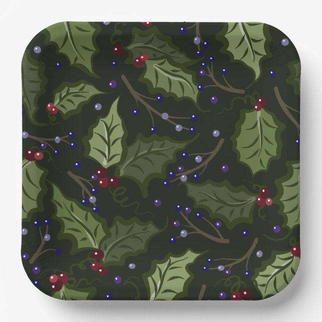 Holly and Purple Berries Festive Paper Plate (Front)