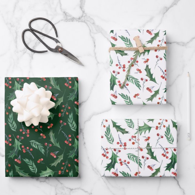Holly and Red Berry Holiday Pattern Wrapping Paper Sheet (Front)