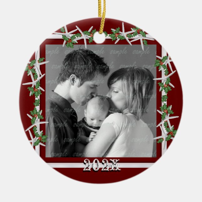 Holly and Starfish Red Family Photo Frame Ceramic Tree Decoration (Front)