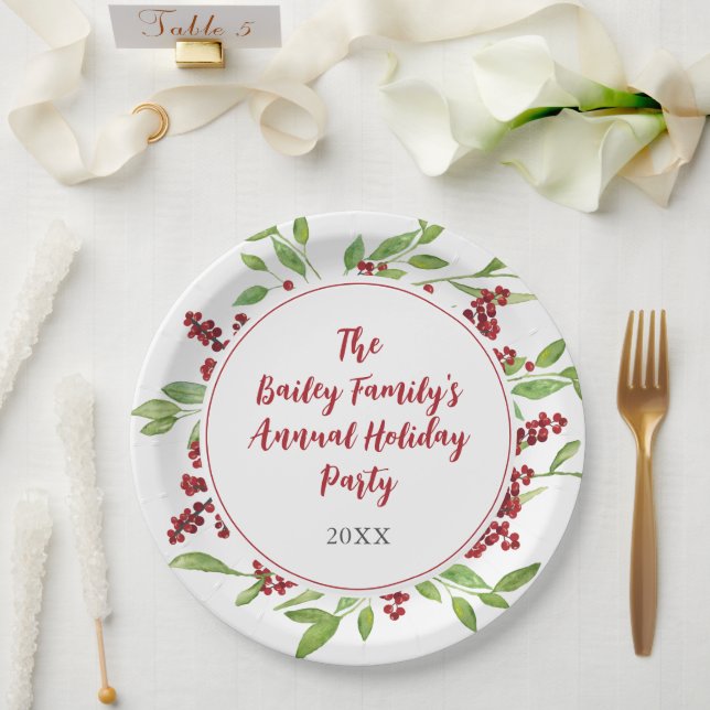 Holly and Watercolor Greenery Holiday Paper Plate (Wedding)