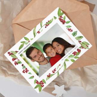Holly and Watercolor Greenery Photo Holiday Card