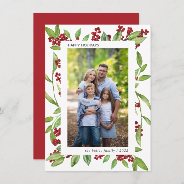 Holly and Watercolor Greenery Photo Holiday Card (Front/Back)