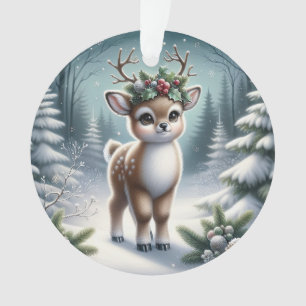 Holly-Antlered Fawn in Snowy Forest Ornament