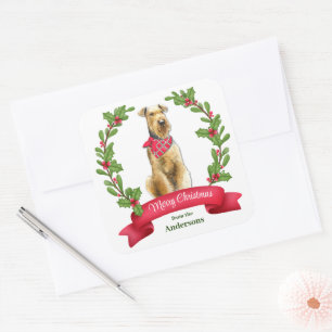 Holly Banner Airedale Terrier Dog Christmas Square Sticker