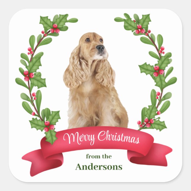 Holly Banner Cocker Spaniel Christmas Square Sticker (Front)