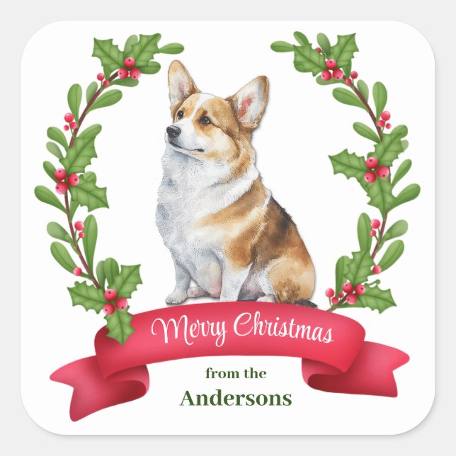 Holly Banner Corgi Dog Christmas Square Sticker (Front)