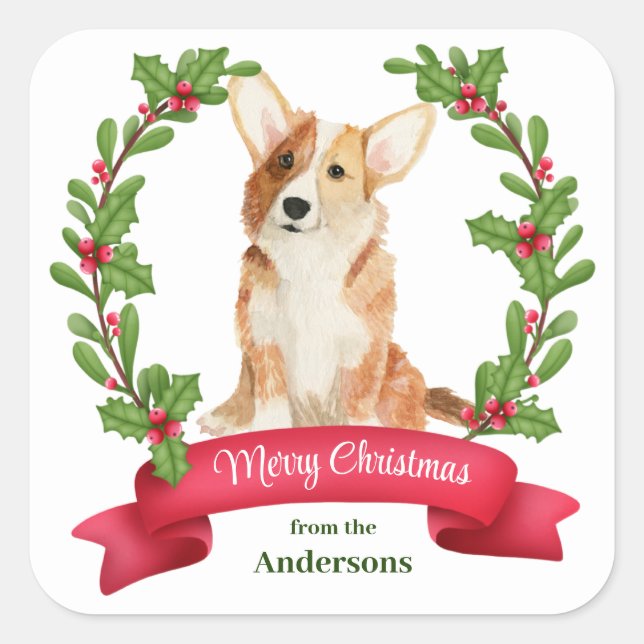 Holly Banner Corgi Dog Christmas Square Sticker (Front)