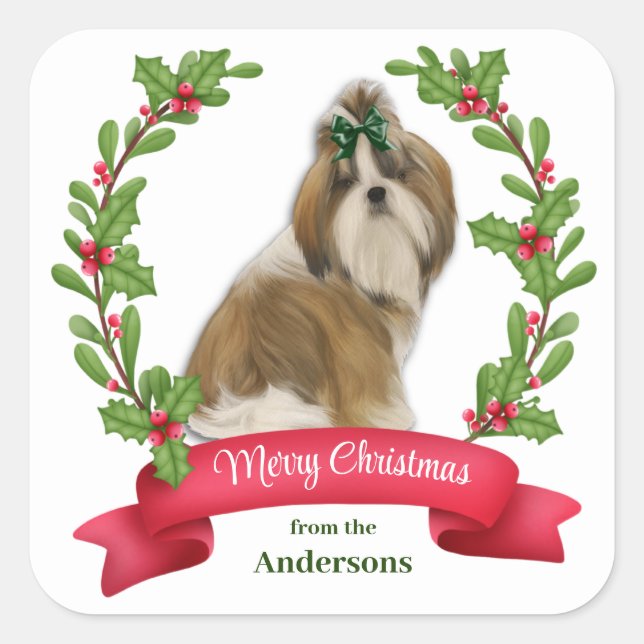 Holly Banner Shih Tzu Dog Christmas Square Sticker (Front)