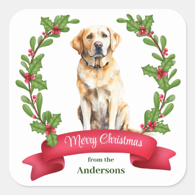Holly Banner Yellow Labrador Retriever Christmas Square Sticker (Front)