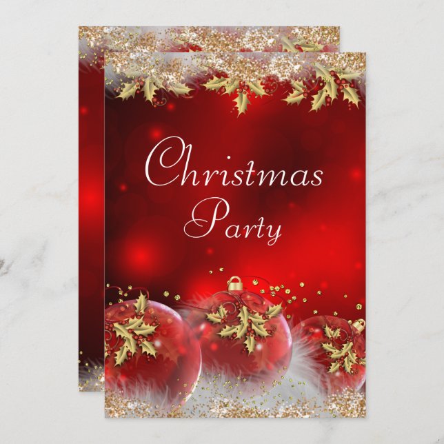 Holly Baubles Red Gold Christmas Party Invite (Front/Back)