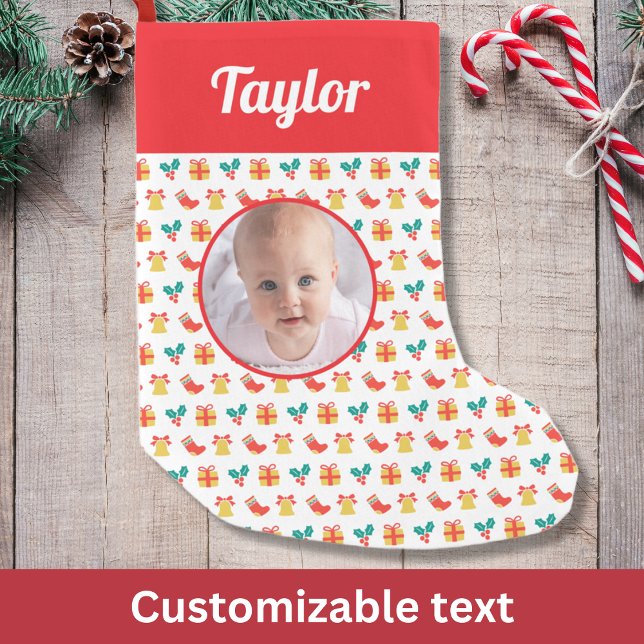 Holly Bell Stocking Pattern Custom Text Name Photo (Creator Uploaded)