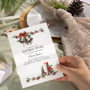 Holly Bells Candle Winter Wedding Rehearsal Dinner Invitation