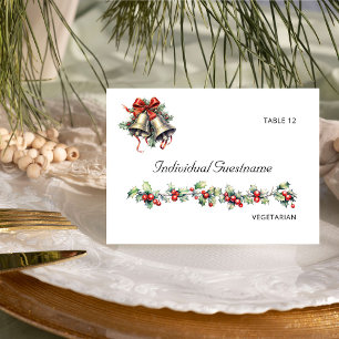 Holly Bells Winter Wedding Guest Name Place Card