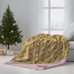 Holly Berries Add Name Festive Whimsy Christmas Fleece Blanket