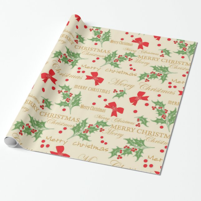 Holly Berries And Bow Wrapping Paper (Unrolled)