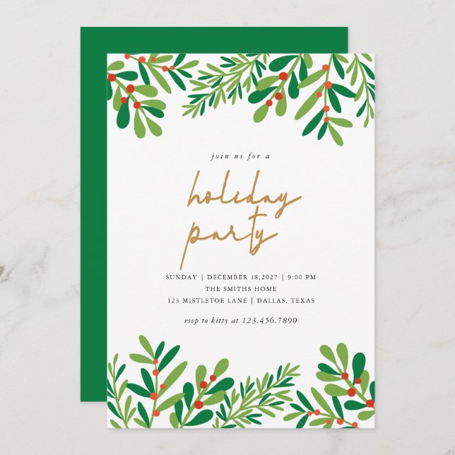 Holly Berries and Ferns Christmas Party Invitation (Front/Back)