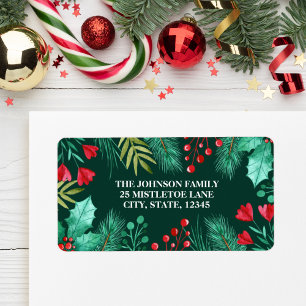 Holly, Berries and Green Leaves Watercolor Label