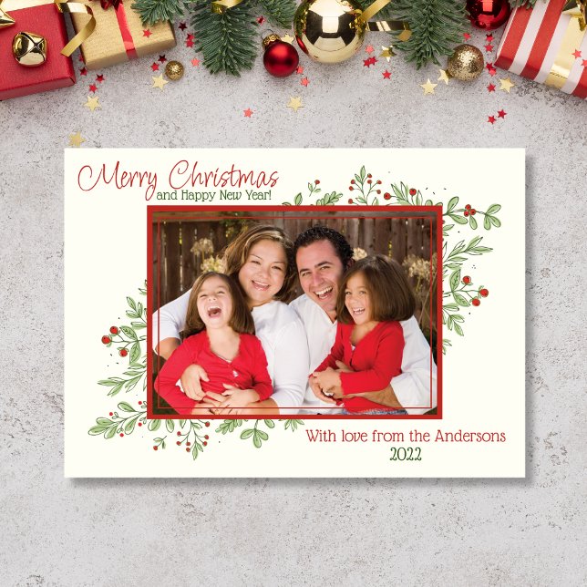 Holly Berries and leaves Photo Christmas Card (Holly Christmas Card with 1 photo)