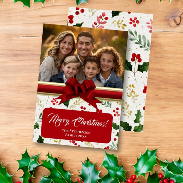 Holly Berries and Red Bow Custom Photo Christmas Holiday Card (holly berries and bow custom photo christmas card
)
