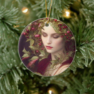 Holly Berries Beautiful Woman  Christmas   Ceramic Ornament