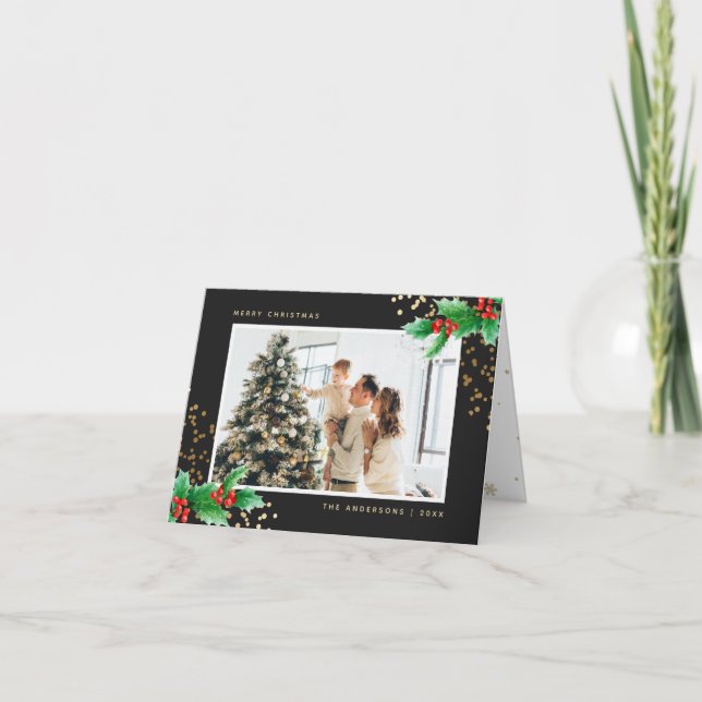 Holly Berries Black Gold Snowflake Photo Christmas Holiday Card (Front)
