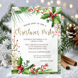 Holly Berries Branches Company Christmas Party  Invitation