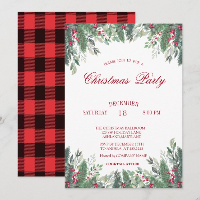 Holly Berries Branches Red Plaid Christmas Company Invitation (Front/Back)