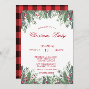 Holly Berries Branches Red Plaid Christmas Company Invitation