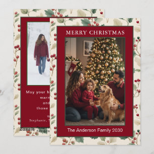 Holly Berries Burgundy 2 Photo Christmas Holiday Card