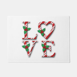 Holly Berries Candy Cane Stripes Love Christmas Doormat