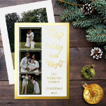 Holly | Berries Christmas 4 Photo Merry and Bright Foil Holiday Card<br><div class="desc">This four-photo design is designed entirely in gold foil (or choose silver or rose gold) text and accents with gold foil holly and berries to pair with the "Merry and Bright" editable greeting. Features three smaller square photos on front left top to bottom with a larger single photo on back....</div>