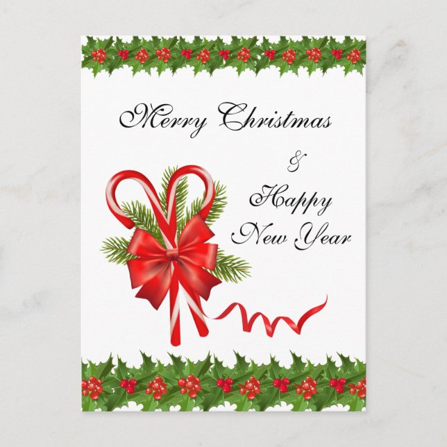 Holly Berries Christmas and Candy Canes Holiday Postcard (Front)