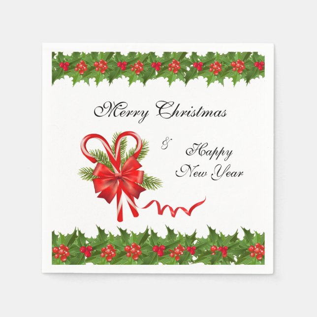 Holly Berries Christmas and Candy Canes Napkin (Front)