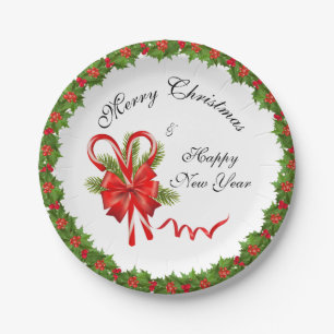 Holly Berries Christmas and Candy Canes Paper Plate
