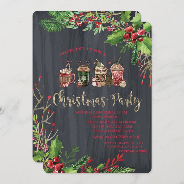 Holly Berries,Christmas Drinks Company Christmas  Invitation (Front/Back)