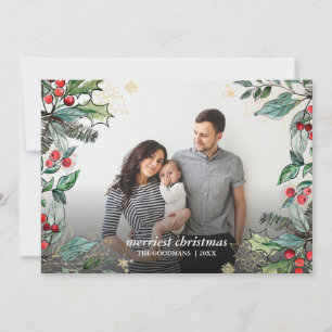 Holly Berries Christmas Framed Full Photo Holiday Card