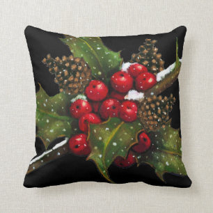 Holly Berries: Christmas Painting on Black: Art Cushion