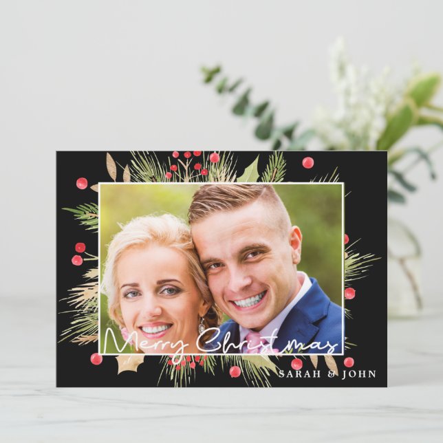 Holly Berries Christmas Photo Holiday Card (Standing Front)