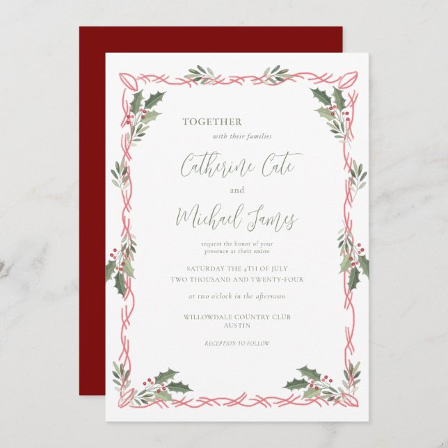 Holly Berries Christmas Theme Wedding Invitation (Front/Back)