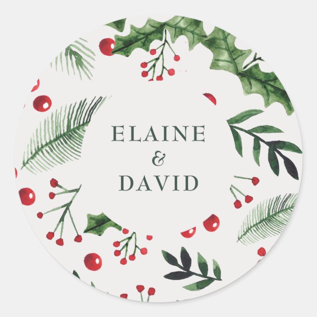 Holly Berries Christmas Winter Wedding Classic Round Sticker (Front)
