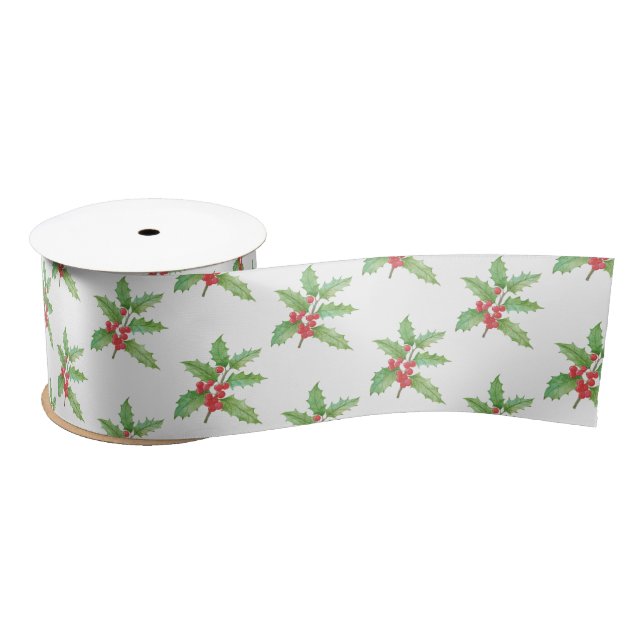 Holly berries Christmas wrapping paper Satin Ribbon (Spool)
