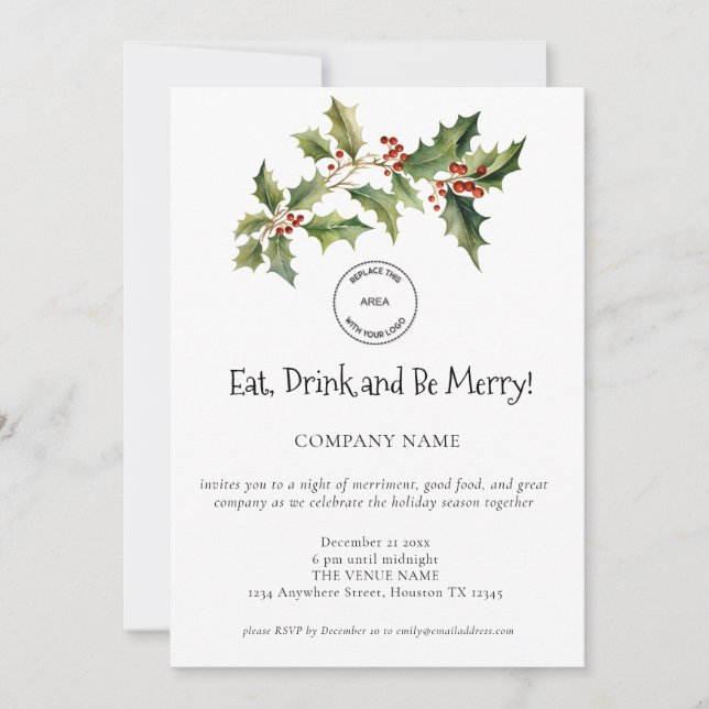 Holly Berries Company Logo Christmas Party Invitation (Front)