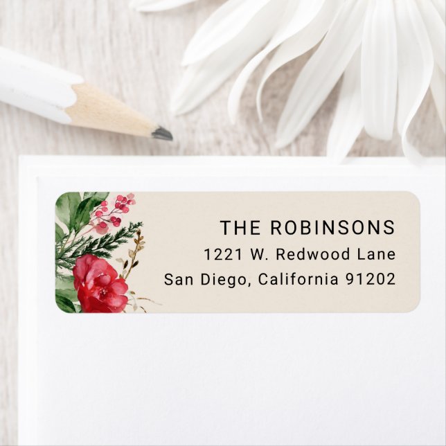 Holly Berries Floral Boho Christmas Return Address Label (Insitu)