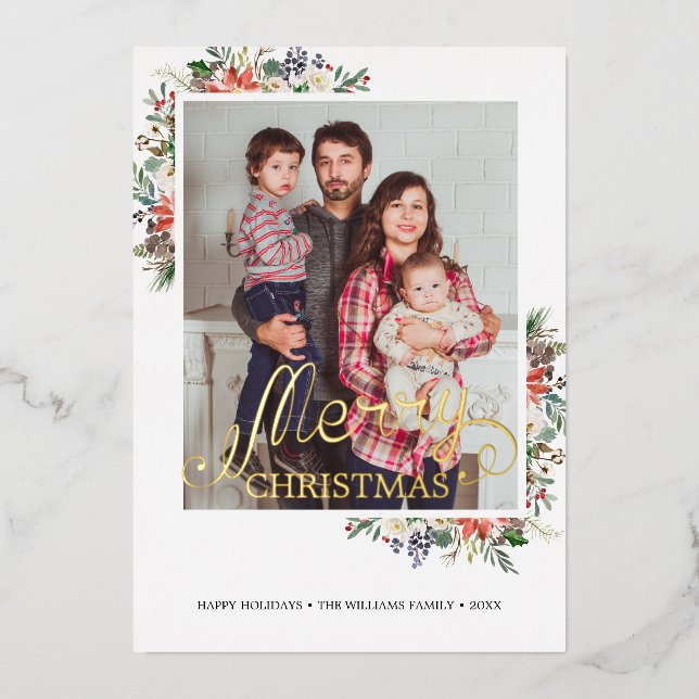 Holly Berries & Floral Frame Photo Year in Review Foil Holiday Card (Front)