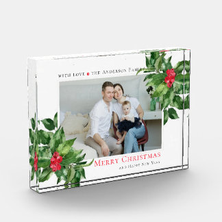 Holly Berries Frame Christmas Personalised Photo Block
