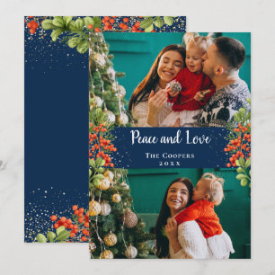 Holly Berries Gold Glitter Peace and Love 2 Photo Holiday Card