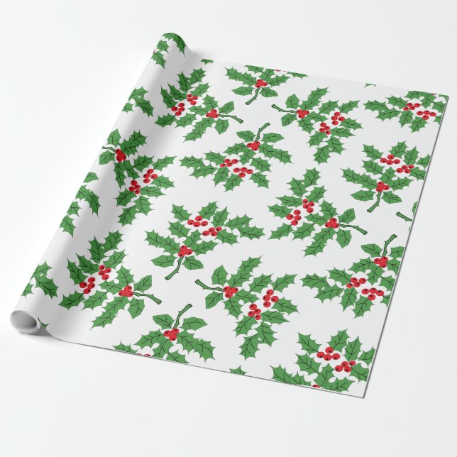 Holly Berries green Wrapping Paper (Unrolled)