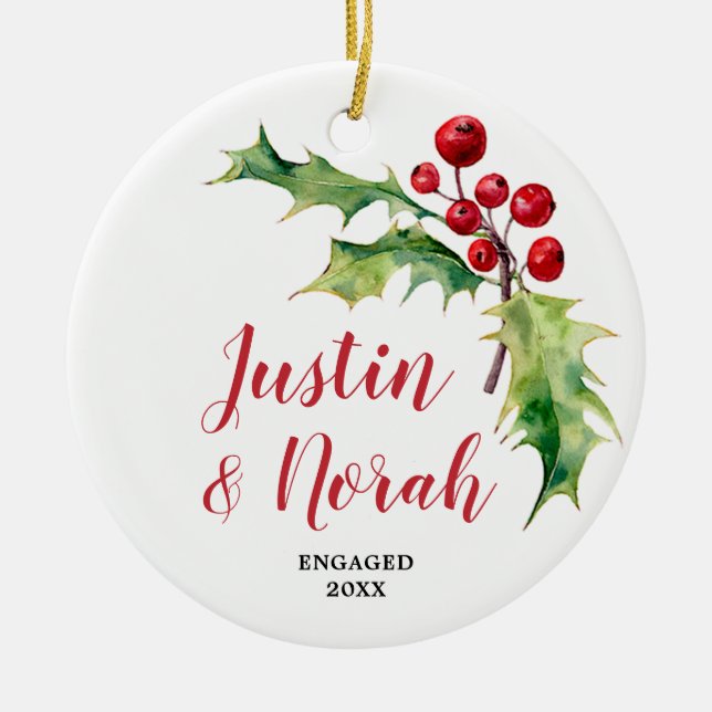 Holly Berries Greenery Personalised Engaged Couple Ceramic Ornament (Front)