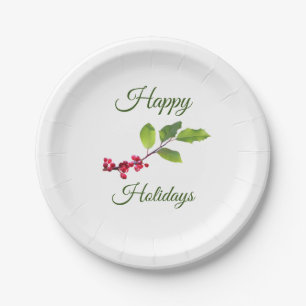 Holly berries happy holidays Christmas Paper Plate